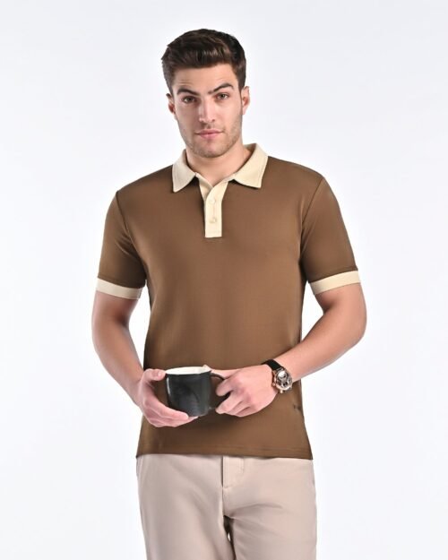Smooth-Touch Contrast Polo in Cinnamon Brown