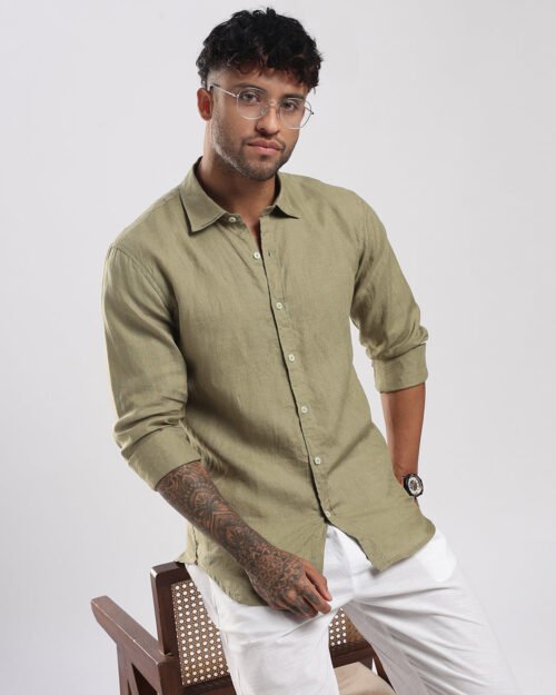 100% Linen Soft Touch Shirt in Meadow Green