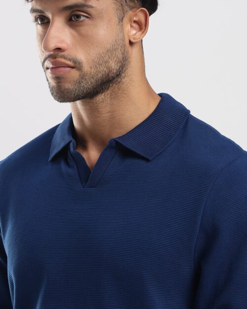 Ottoman Rib Knit Polo in Deep Blue