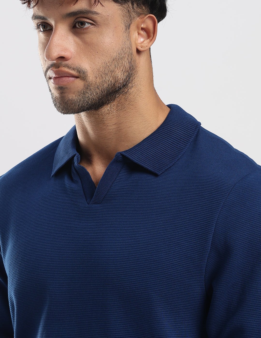Ottoman Rib Knit Polo in Deep Blue