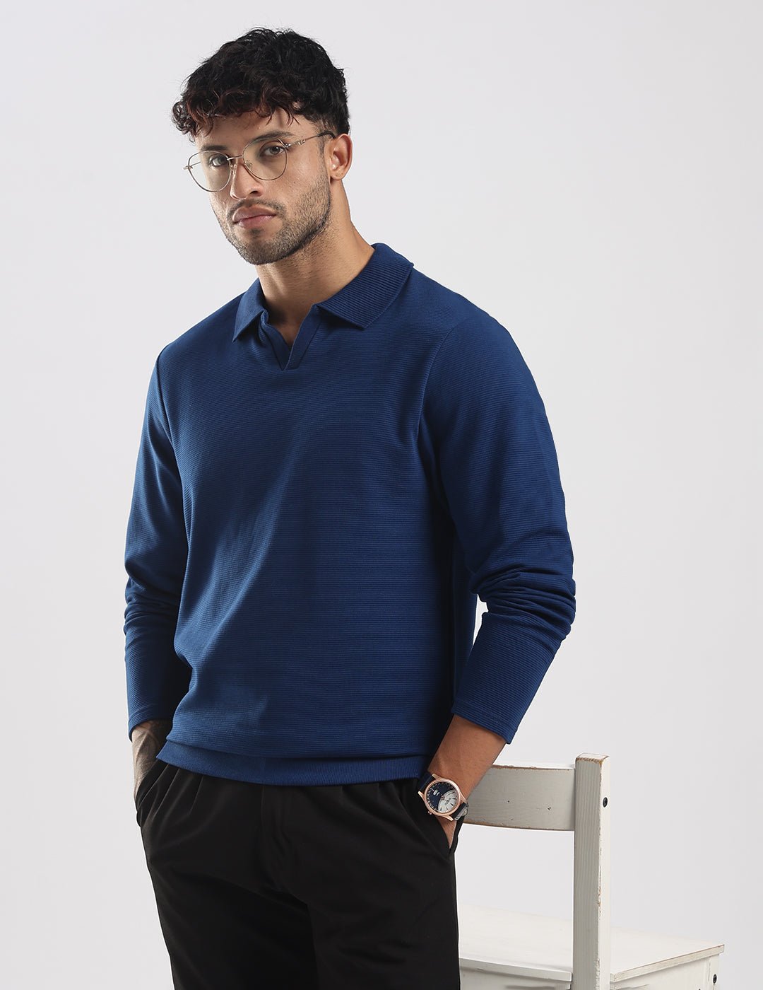 Ottoman Rib Knit Polo in Deep Blue - Image 4