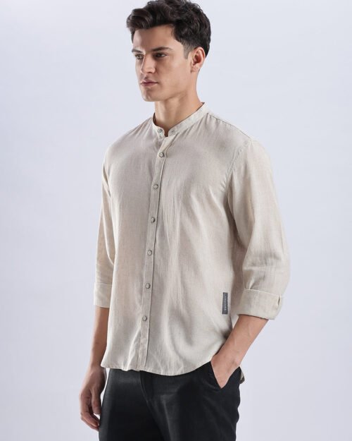 Kyoto Linen Mandarin Shirt in Barestone Beige